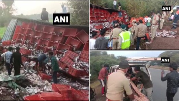 आंध्र प्रदेश: मछली से भरा ट्रक पलटा, 4 लोगों की मौत और कई घायल