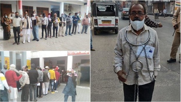 UP Chunav 2022: फिरोजाबाद में मतदान का उत्साह, बेड़ियां पहनकर वोट डालने पहुंचा प्रत्याशी