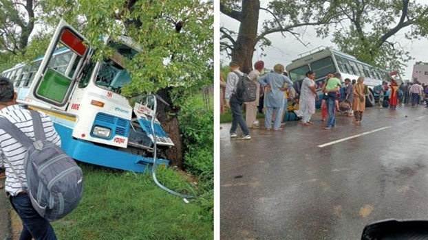 ऊना के संतोषगढ़ में दुर्घटनाग्रस्त हुई हरियाणा रोडवेज की बस, दो लोग घायल